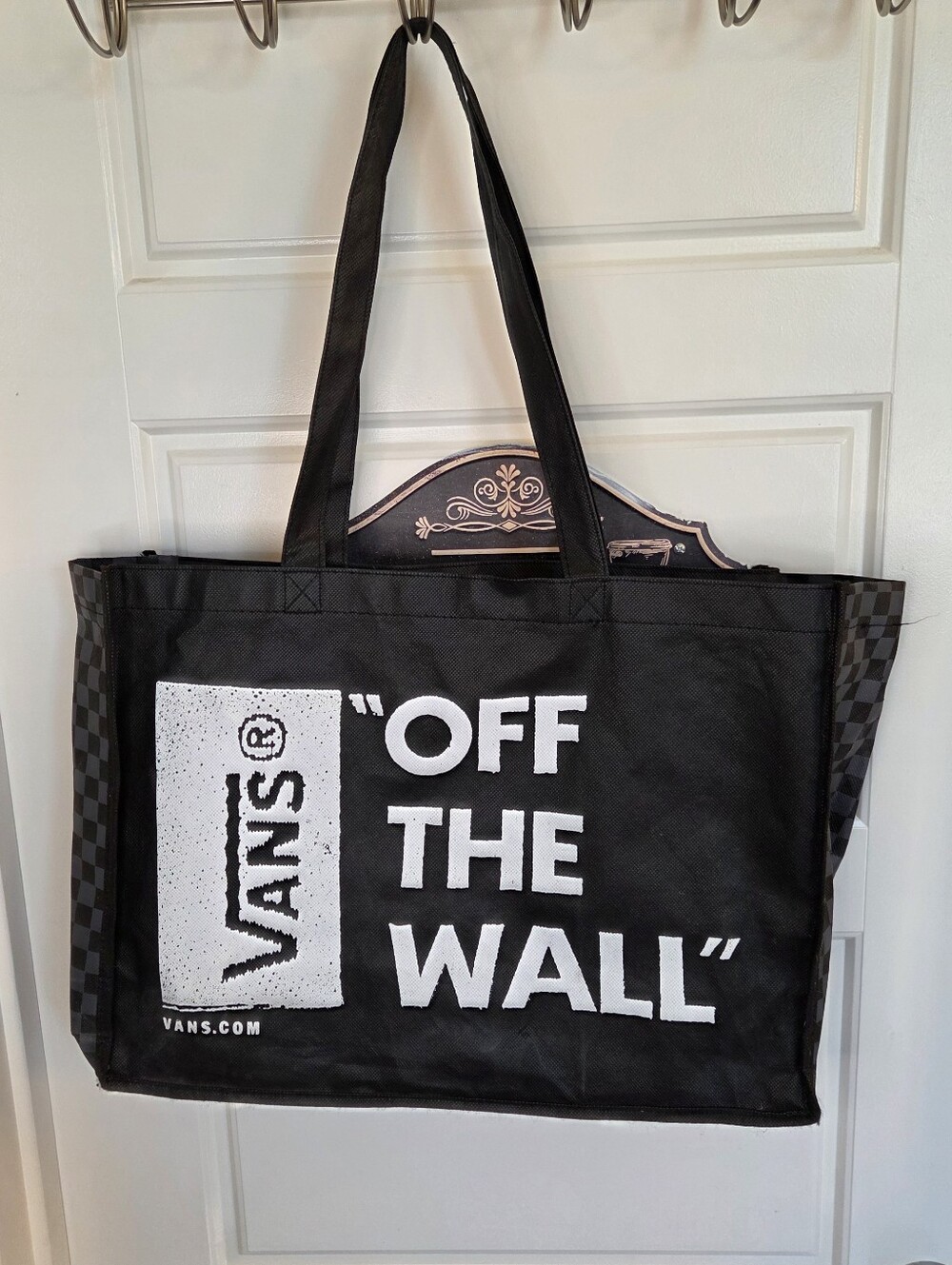 Vans Off The Wall Reusable Tote Bag Checkerboard Tropical Bird Graphic Black